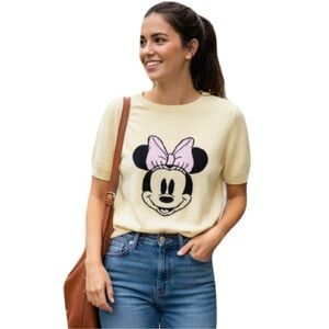 DISNEY X TU Short Sleeve Sweater Minnie Mouse Graphic Yellow Sz 8 Soft Stretchy